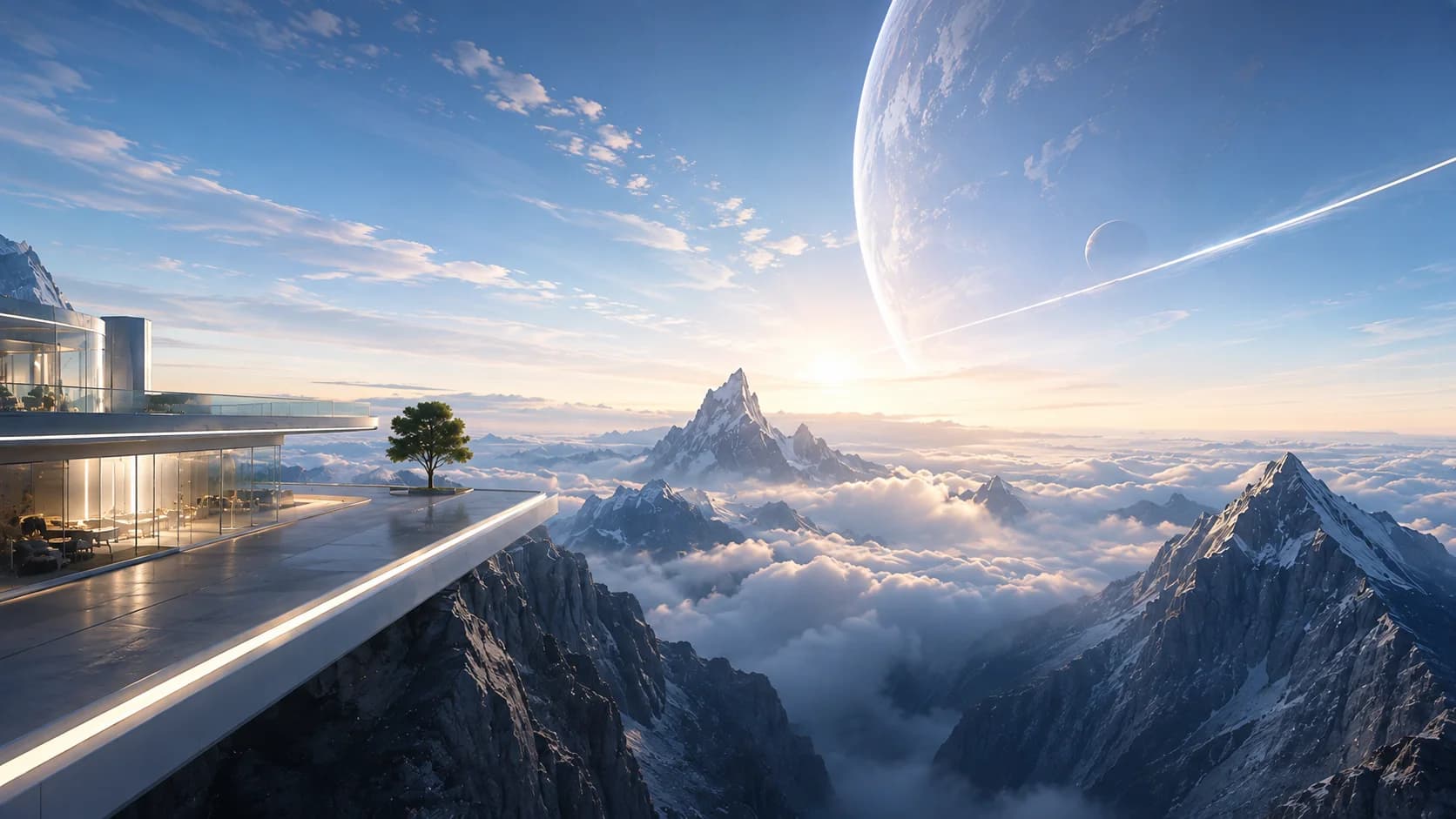 Glass terrace above the clouds facing snowy mountains