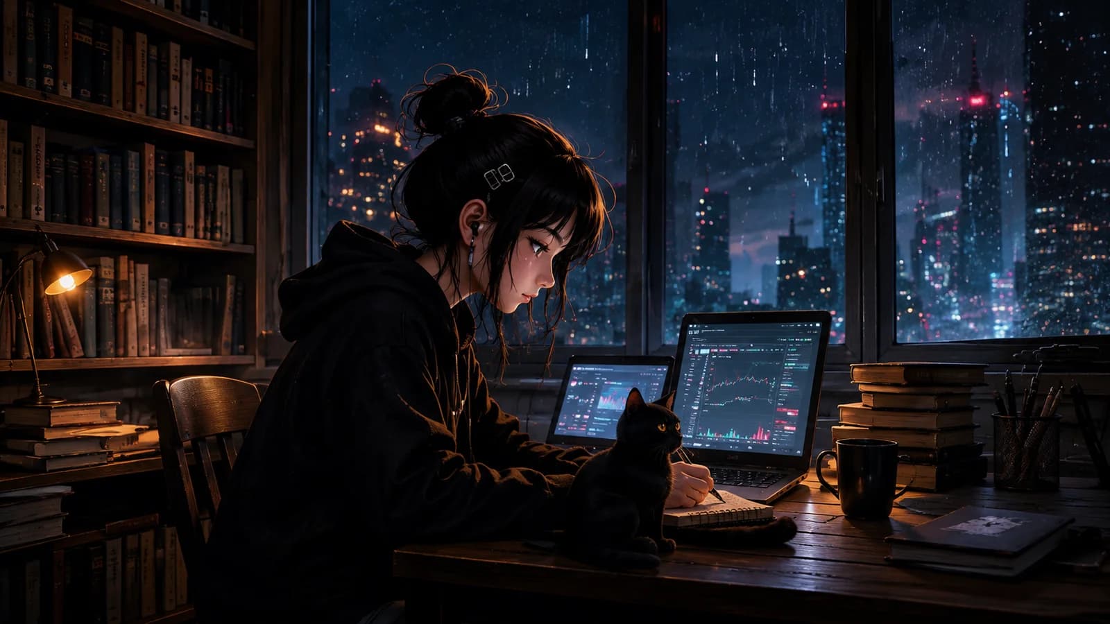 Analyst following the markets at night from her desk