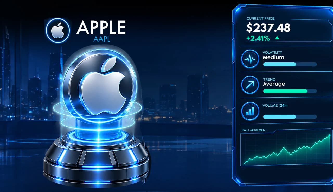 Apple asset card with price, volatility, trend and volume