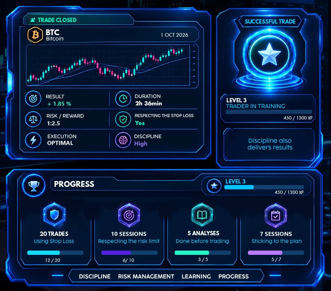 Closed trade result with level and progress goals